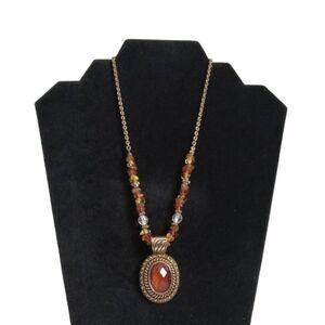 Vintage Avon Orange & Brown Gold Toned Oval Shaped Pendant Statement Necklace